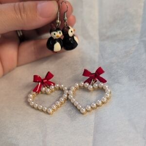Heart Pearl Earrings with Red Bows